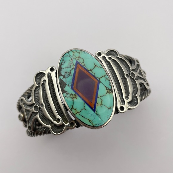 Native American Jewelry - Vintage Navajo Ray Tracey & Knifewing Segura Sterling Silver Inlay Cuff Bracelet